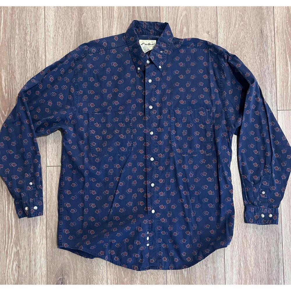 Eddie Bauer Men's Long Sleeve Button-Up Shirt Large Navy Blue with Pattern